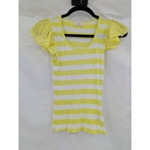t.la Women's Top XS Yellow White Striped Ribbed Ruffle Sleeve Scoop Neck‎
